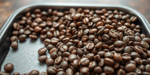 Fototapeta premium Closeup of roasted coffee beans on a tray, texture, meal
