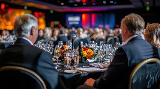 Elegant dinner event with a microphone. Ideal for articles about corporate events, award ceremonies, or galas.