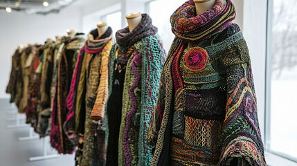 Fototapeta premium Creative and stylish sustainable clothing made from recycled materials, highlighting eco-friendly designs that challenge fast fashion, set in a serene, clean environment.
