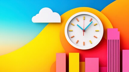 Colorful Clock Over Cityscape with Bright Sky and Clouds