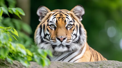 Obraz premium Majestic Tiger Staring Intently Surrounded by Lush Greenery