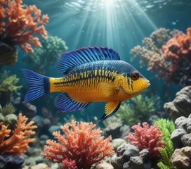 Obraz premium colorful cichlid fish with long fins in a coral garden , fish, marine life