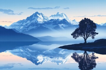 Serene Mountain Lake Landscape With Solitary Tree