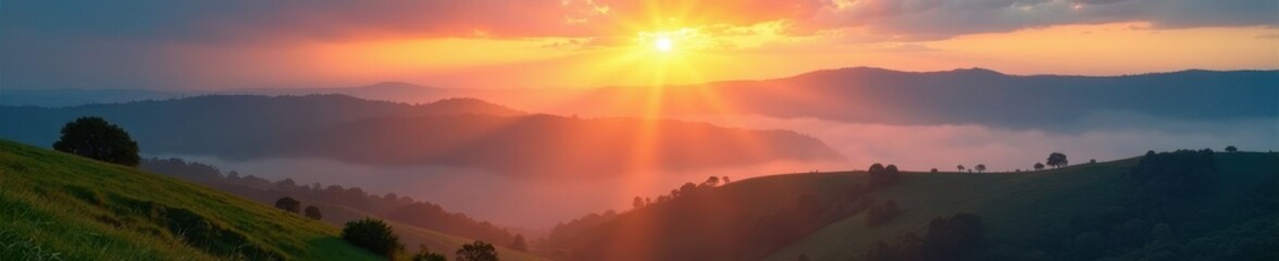 Fototapeta premium Misty dawn over rolling hills, sun rays pierce clouds, serene, golden hour
