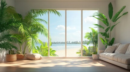 Fototapeta premium Interior design composition in living room with glass window and tropical plants