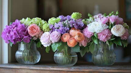 Colorful floral arrangements displayed on a wooden table in a bright interior space