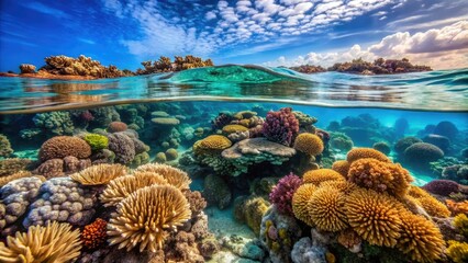 Fototapeta premium Coral and seaweed-covered rock formations in a shallow ocean environment, coastal scenery, ocean rocks, coral growth