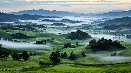 Misty morning valley landscape, rolling hills, sunrise, pastoral scene, travel postcard