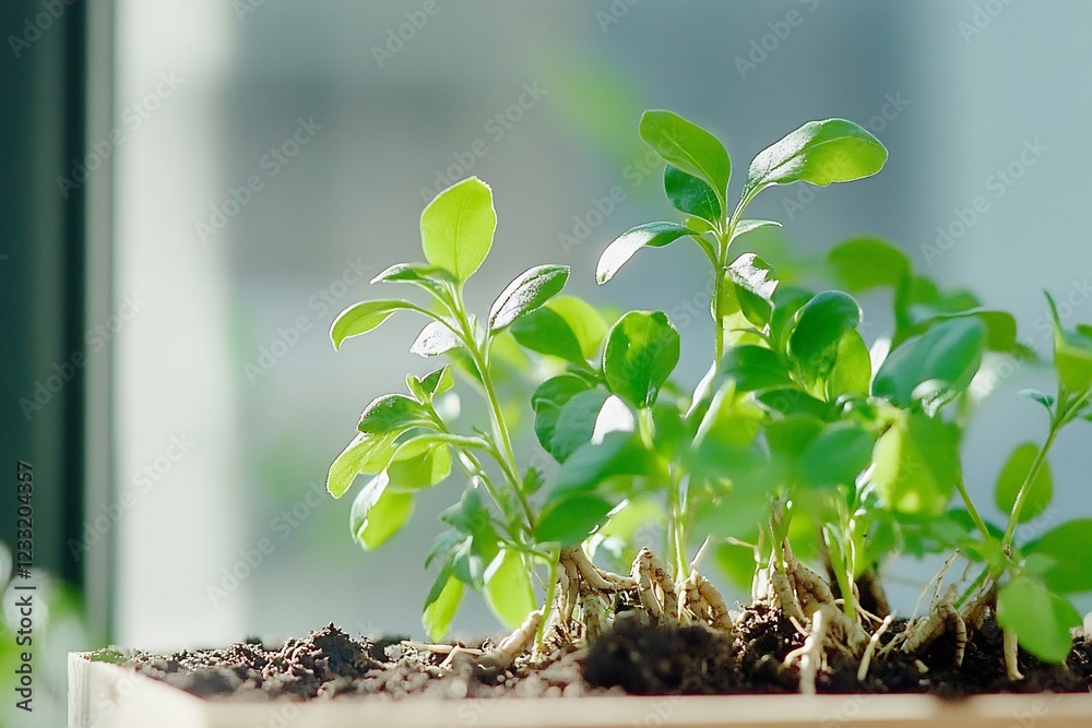 Wall mural Seedlings growing in pot, sunlit window