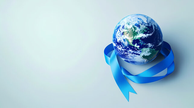 Earth Day: A symbolic Earth globe elegantly encircled by a delicate blue ribbon, symbolizing protection and care for our planet, evoking a sense of global unity and environmental consciousness.