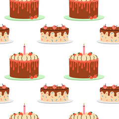 Colorful cake pattern featuring chocolate and vanilla desserts with cherries and candles