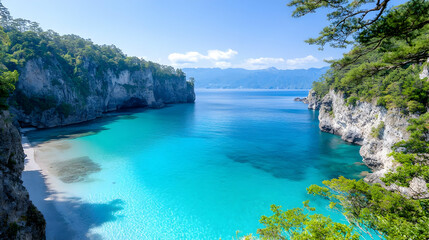Secluded cove beach, turquoise water, cliff view, sunny day, travel destination