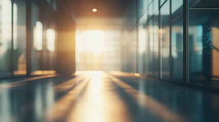Sunlit modern office hallway, glass walls and warm light. Ideal for concepts of success, business, and growth, evokes a feeling of optimism.