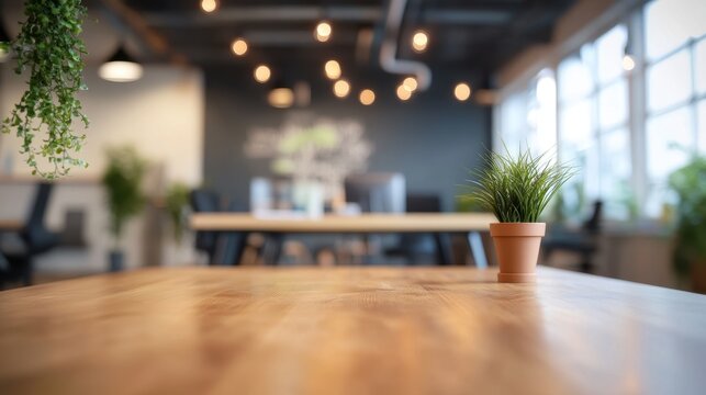 Wooden table in a modern office, small plant in terracotta pot. Perfect for showcasing products, or illustrating a relaxed workspace.