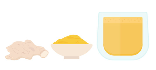 Turmeric and ginger tea. Isolated illustration of cup of tea with turmeric powder and ginger root. Flat vector cartoon style elements.