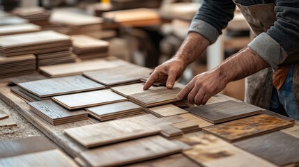 Carpenter selecting various wood flooring samples. Image showcases options for home renovation projects.