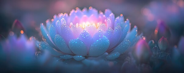 Dew-kissed lotus blooms at dawn, serene background, spiritual serenity