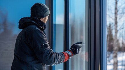 Man cleaning frosted window in winter. He's ensuring clear visibility and preventing heat loss.