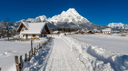 Snowy village path, mountain backdrop, winter landscape, postcard
