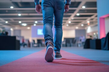 Person in jeans walks down a red carpet in a convention center. Shows arrival, success, or VIP event attendance.