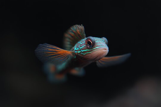 A vibrant mandarin fish swims in dark water