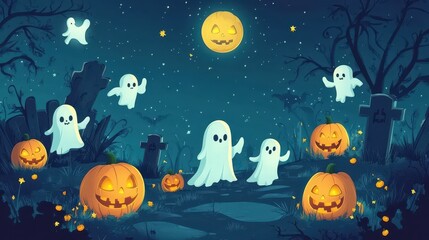 Spooky Halloween Ghosts and Pumpkins in Graveyard Scene