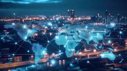Obraz premium A futuristic infographic-style artwork showing AI-powered logistics, blockchain trade routes, and automated shipping hubs interconnected on a glowing world map. 