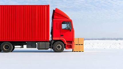Red truck delivers packages on snowy road