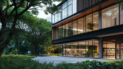 Fototapeta premium A sleek modern library building with glass windows and green spaces, photorealistic 
