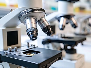 Fototapeta premium A close-up of laboratory microscopes used for scientific research and analysis.