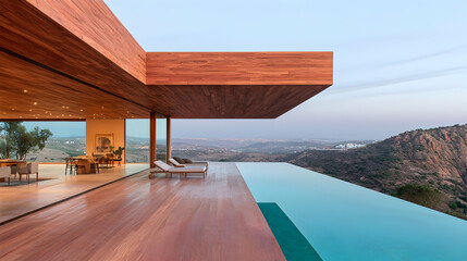 Fototapeta premium Hilltop modern home infinity pool sunset view
