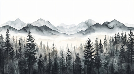 Fototapeta premium Black and gray forest with watercolor mountains on a white background, creating a sense of calm. 