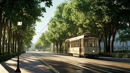 Obraz premium A classic city streetcar moving down a tree-lined avenue, photorealistic urban scene 