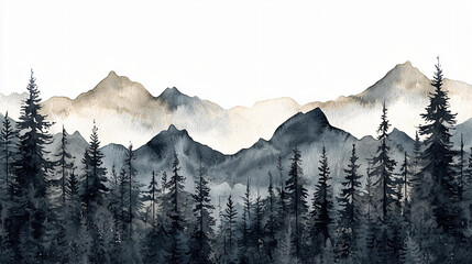 Black and gray forest with watercolor mountains on a white background, creating a sense of calm. 