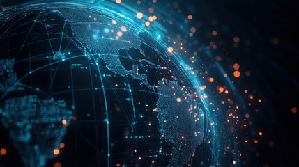 Fototapeta premium A minimalist yet futuristic interpretation of world trade, featuring a sleek digital grid forming a glowing, wireframe globe with pulsing trade nodes. 