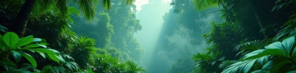 Obraz premium Dense emerald canopy, steam rising from jungle floor, sunlight, rainforest