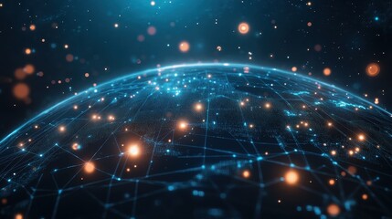 Obraz premium A minimalist yet futuristic interpretation of world trade, featuring a sleek digital grid forming a glowing, wireframe globe with pulsing trade nodes. 