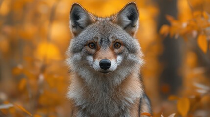 Fototapeta premium Portrait of a Coyote in Autumn with Golden Foliage Background in the Woods