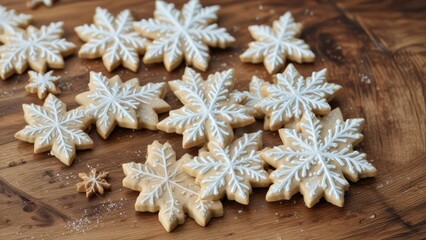 Obraz premium Delicate Snowflake Sugar Cookies on a Wooden Board, Christmas decorations, baking, sugar cookies