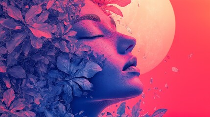 Woman's profile adorned with flowers under a vibrant celestial backdrop at dusk