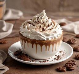 Delightful whipped cream mocha with chocolate swirls and a sprinkle of cocoa powder, creamy texture, coffee beans, cafe menu, refreshing, relaxation