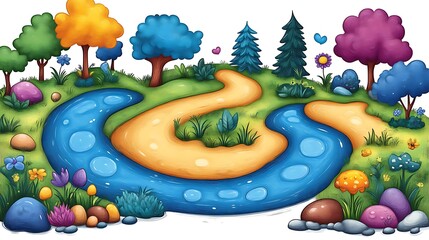 Whimsical River Path Colorful Landscape Illustration