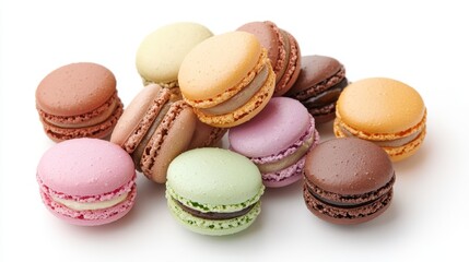Top-down close-up of macaroons in varying colors, casually scattered on a pure white background, evoking a playful and delicious vibe