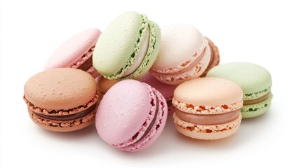 Top-down close-up of macaroons in varying colors, casually scattered on a pure white background, evoking a playful and delicious vibe