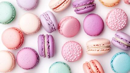 Fototapeta premium Top-down close-up of macaroons in varying colors, casually scattered on a pure white background, evoking a playful and delicious vibe