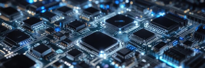 Digital Circuit Board with Small Blue LED Lights, blue lights, small components, circuit board