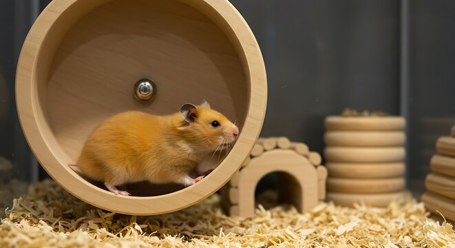 Adorable hamster dor&eacute; courant dans sa roue en bois. Photo de stock pour les animaux de compagnie, les rongeurs, les accessoires et l'habitat des hamsters.