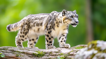 Fototapeta premium Graceful Snow Leopard Walking on a Mossy Log in Natural Habitat