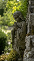 Serene Stone Figure in Prayer Amidst Verdant Foliage
