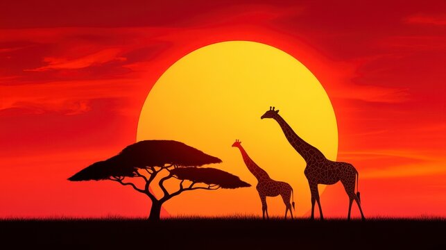 Silhouetted Giraffes Against a Vibrant Sunset with a Large Sun